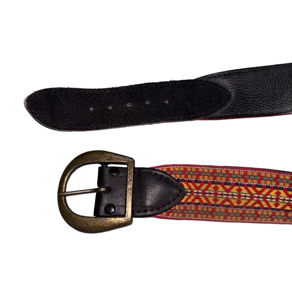 Vintage 70’s Woven Guitar Strap Leather Belt Brass Buckle Embroidered - Picture 3 of 6